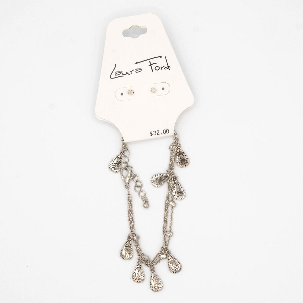 LAURA FORD Silver Tone Multi Strand Teardrop Charm Bracelet & Earring Set NWT